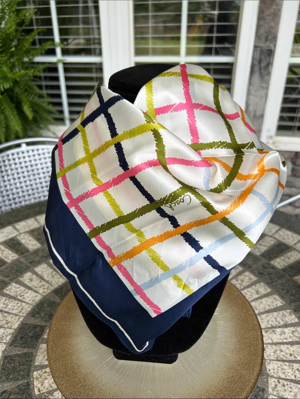Coach Navy Tattersall Silk Scarf with Pink, Olive & White Plaid Accents - Picture 4 of 6